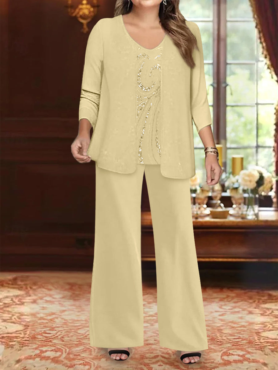 Chiffon V-Neck Floor-Length 3 Pieces Plus Size Mother Of The Bride Pantsuits With Jacket & Sequins BabaMila
