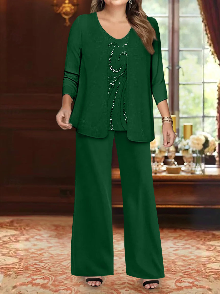 Chiffon V-Neck Floor-Length 3 Pieces Plus Size Mother Of The Bride Pantsuits With Jacket & Sequins BabaMila