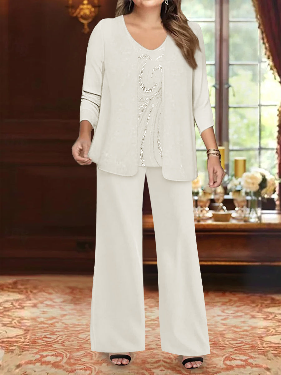 Chiffon V-Neck Floor-Length 3 Pieces Plus Size Mother Of The Bride Pantsuits With Jacket & Sequins BabaMila