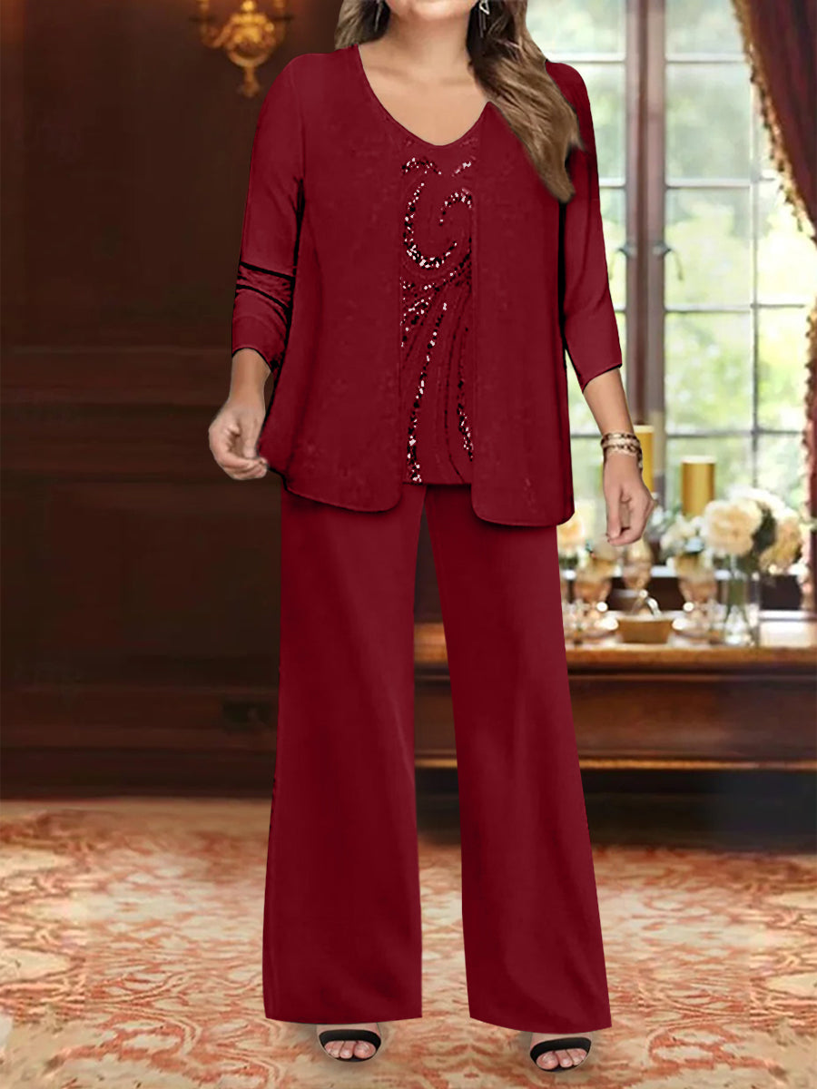 Chiffon V-Neck Floor-Length 3 Pieces Plus Size Mother Of The Bride Pantsuits With Jacket & Sequins BabaMila