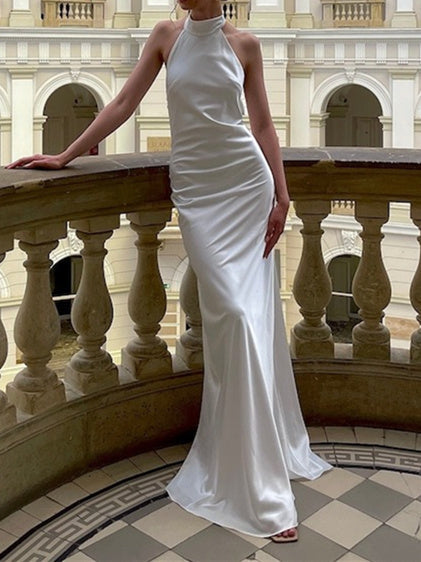 Trumpet/Mermaid Satin Halter Floor-Length Wedding Dress BabaMila