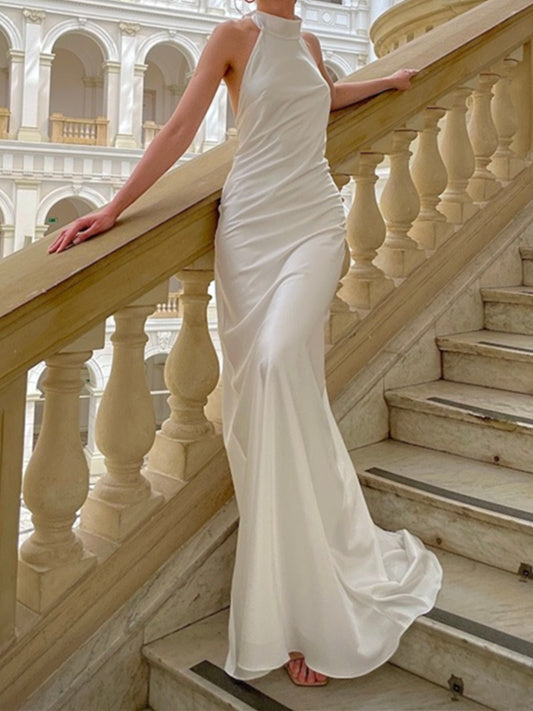 Trumpet/Mermaid Satin Halter Floor-Length Wedding Dress BabaMila