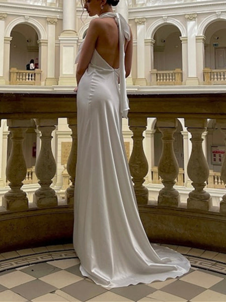 Trumpet/Mermaid Satin Halter Floor-Length Wedding Dress BabaMila