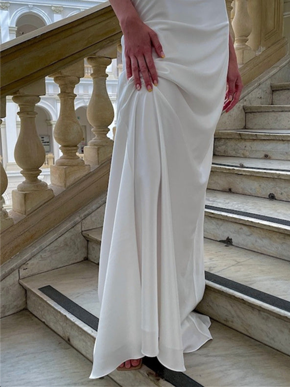 Trumpet/Mermaid Satin Halter Floor-Length Wedding Dress BabaMila