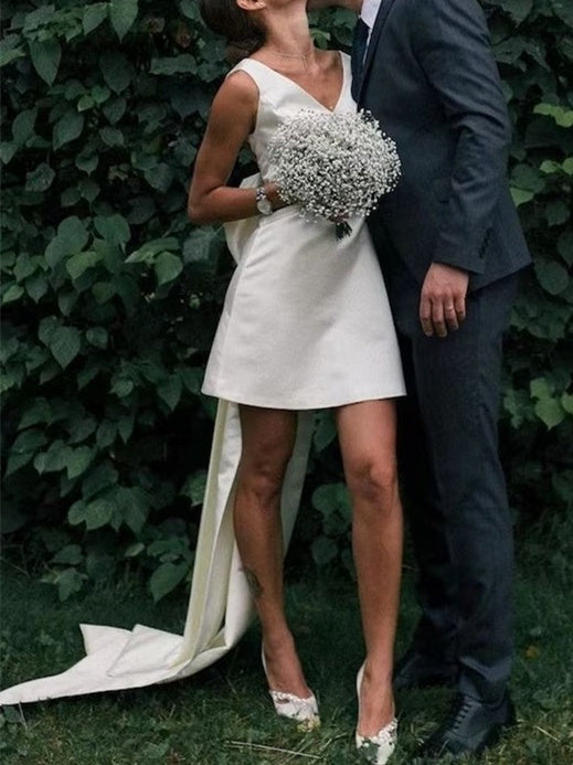 A-Line/Princess V-Neck Mini Wedding Dress With Bow BabaMila