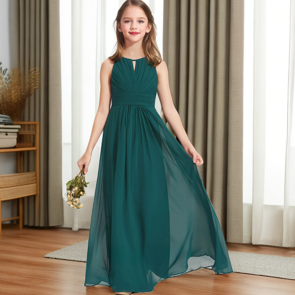 Halter Sleeveless Floor-Length Chiffon Junior Bridesmaid Dress/Girls Birthday Dresses With Pleated/Belt Girls Gidiondress as picture 12M
