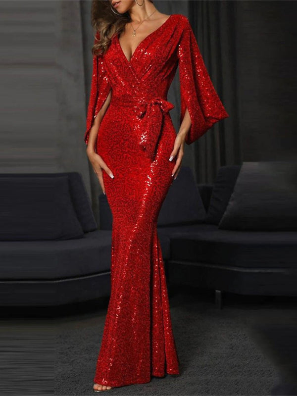 Mermaid Floor Length Long Sleeve V Neck Prom Dress Sequined with Bow(s) Sequin BabaMila