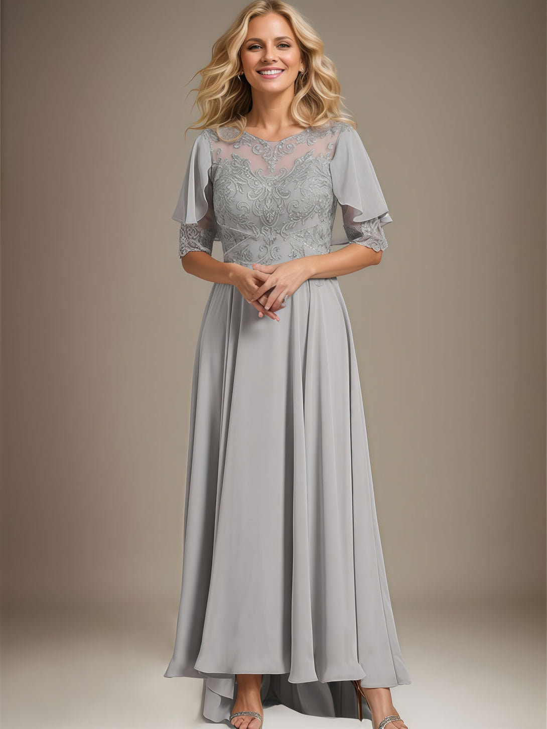 A-Line Scoop Neck Half Sleeve Cape Ankel-Length Lace/Chiffon Mother of the Bride Dress With Appliques/Sweep Train BabaMila