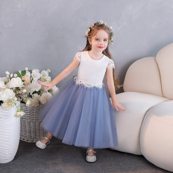 Girls Birthday Dresses Scoop Neck Cap Sleeve Lace/Tulle/Satin Tea-Length Flower Girl Dresses/Party Dresses With Lace Girls Gidiondress
