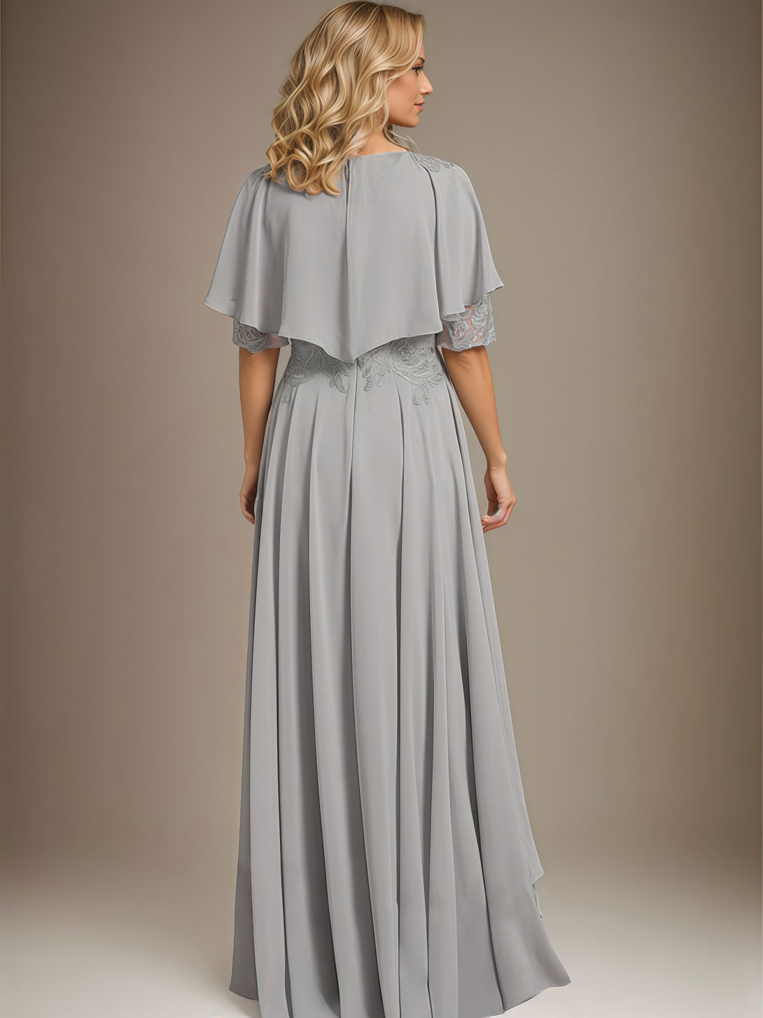 A-Line Scoop Neck Half Sleeve Cape Ankel-Length Lace/Chiffon Mother of the Bride Dress With Appliques/Sweep Train BabaMila