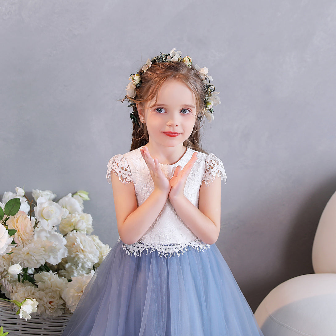 Girls Birthday Dresses Scoop Neck Cap Sleeve Lace/Tulle/Satin Tea-Length Flower Girl Dresses/Party Dresses With Lace Girls Gidiondress