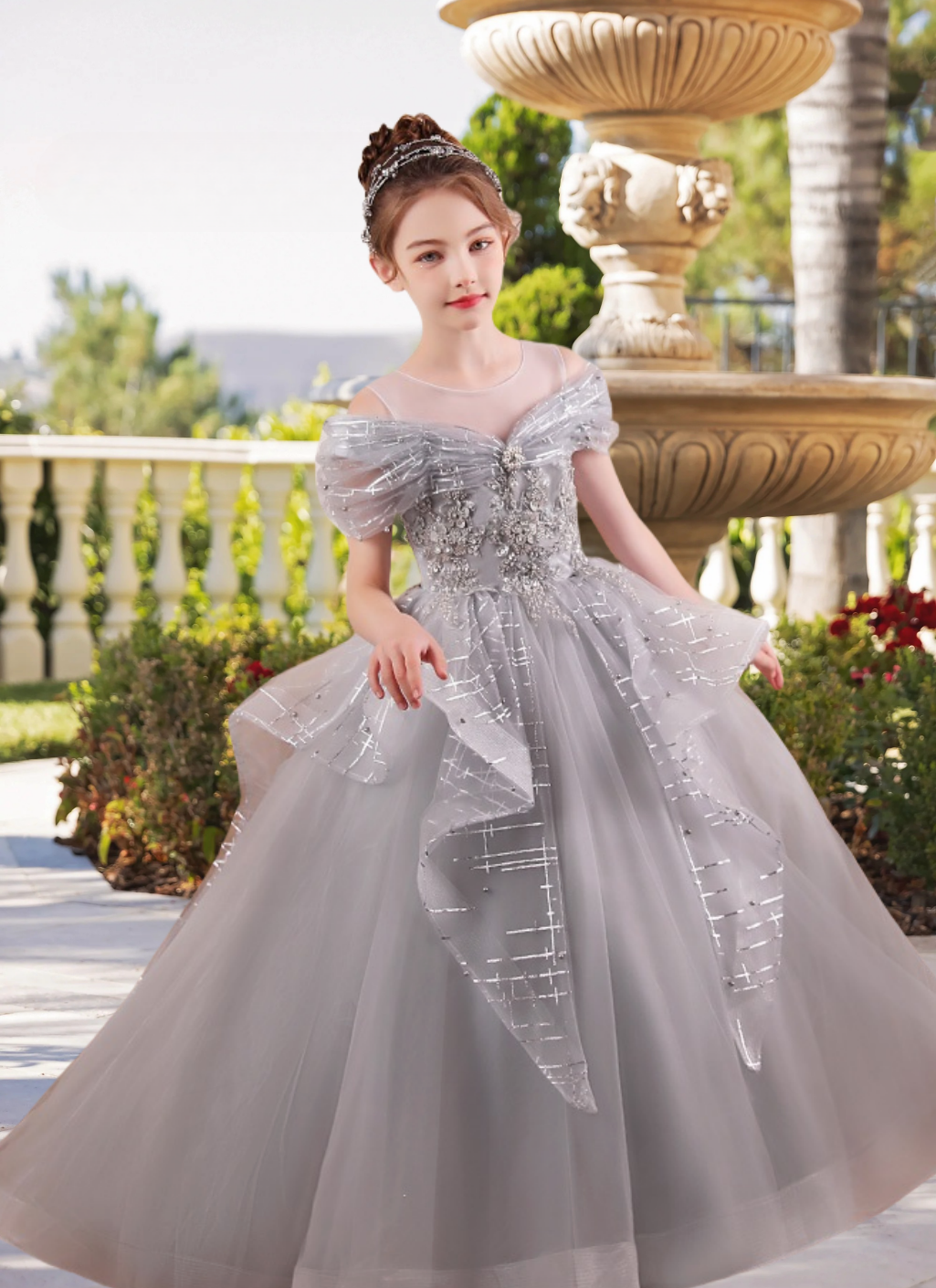 Scoop Neck Cold Shoulder Floor-Length Elegant Printed Tulle/Tulle Girls Birthday Dresses With Appliques/Beads Gidiondress