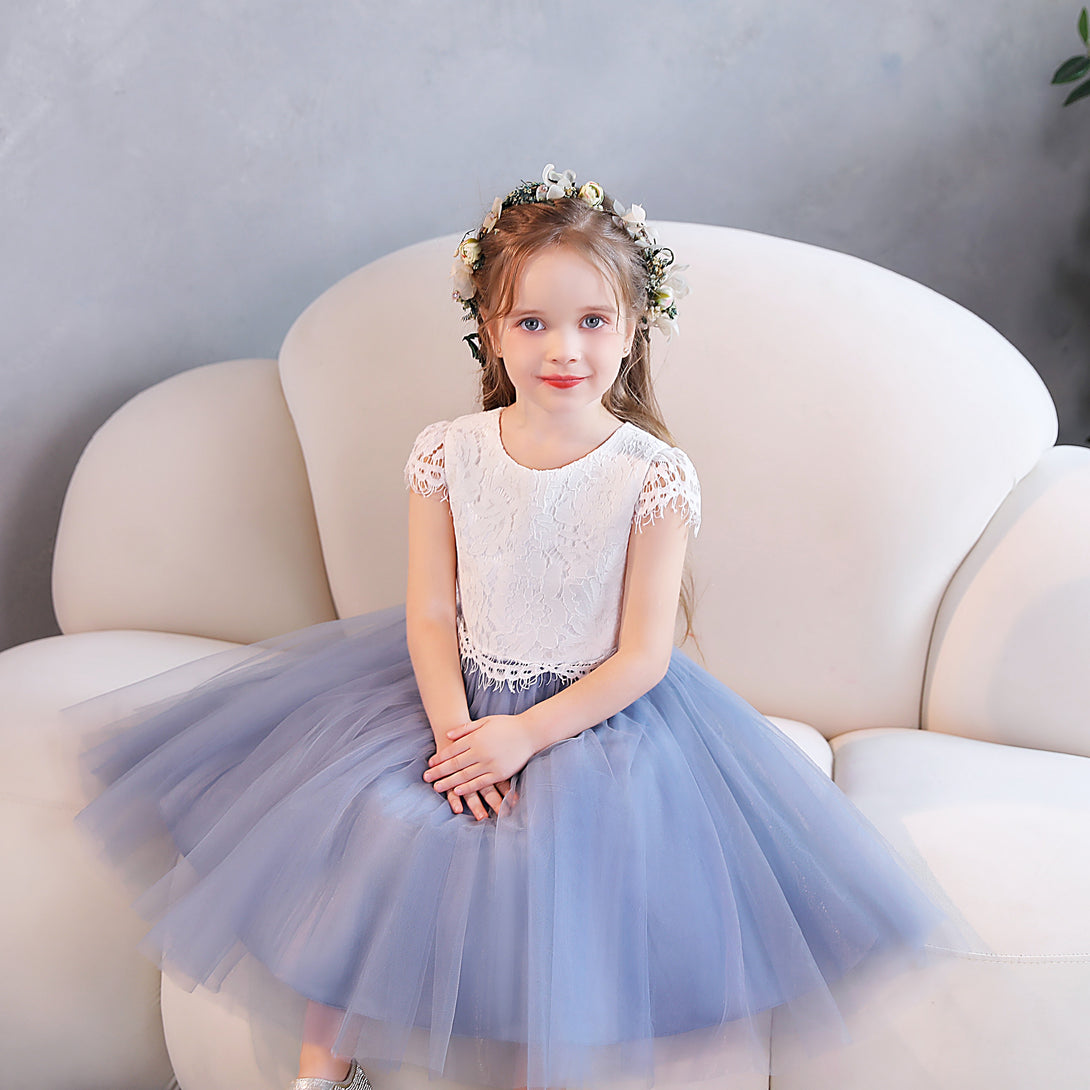 Girls Birthday Dresses Scoop Neck Cap Sleeve Lace/Tulle/Satin Tea-Length Flower Girl Dresses/Party Dresses With Lace Girls Gidiondress