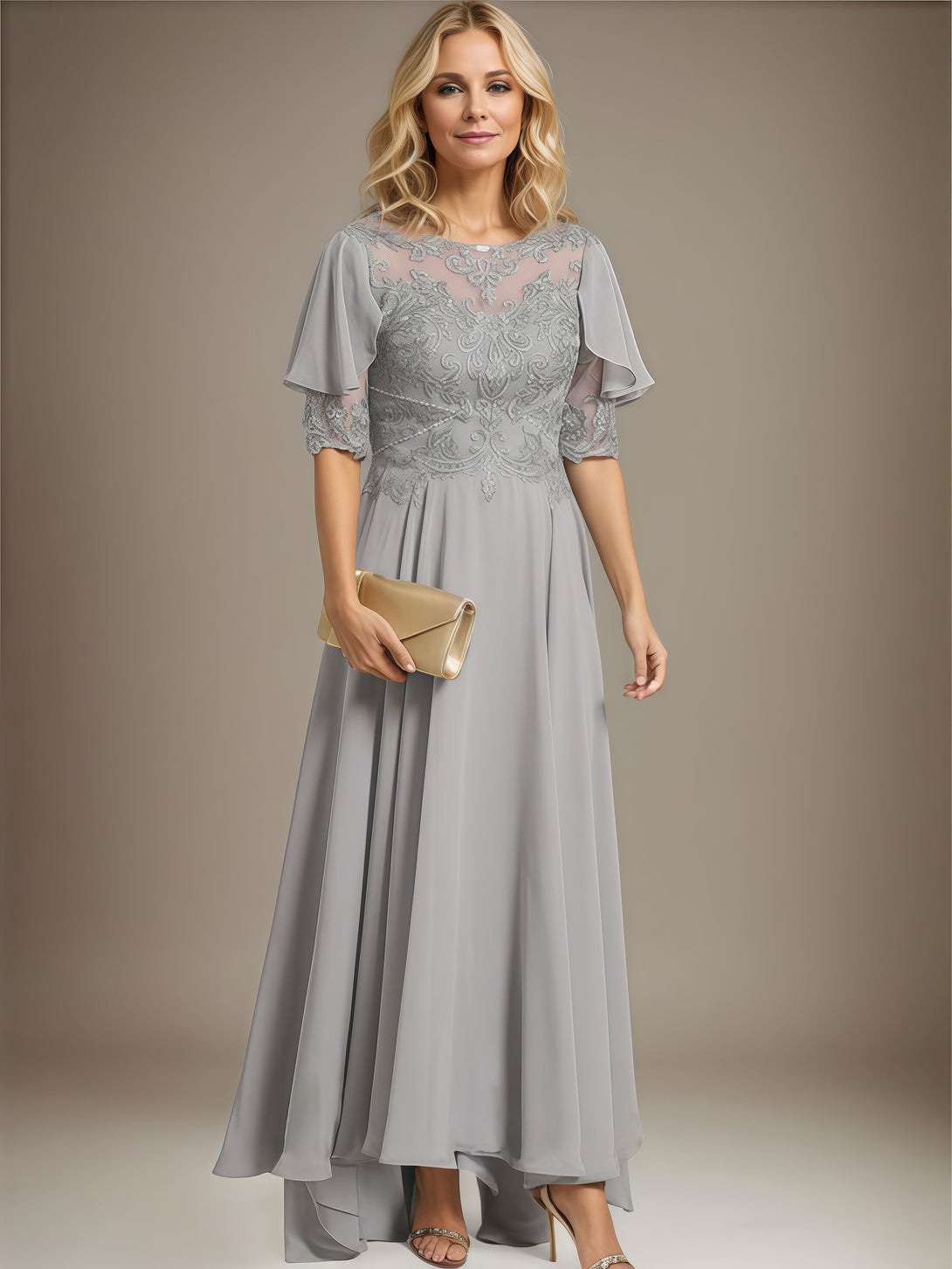 A-Line Scoop Neck Half Sleeve Cape Ankel-Length Lace/Chiffon Mother of the Bride Dress With Appliques/Sweep Train BabaMila