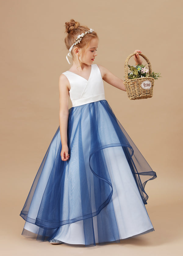 Ball Gown/Princess V-Neck Sleeveless Satin/Tulle Floor-Length Flower Girl Dresses/Girls Birthday Dresses With Belt Gidiondress