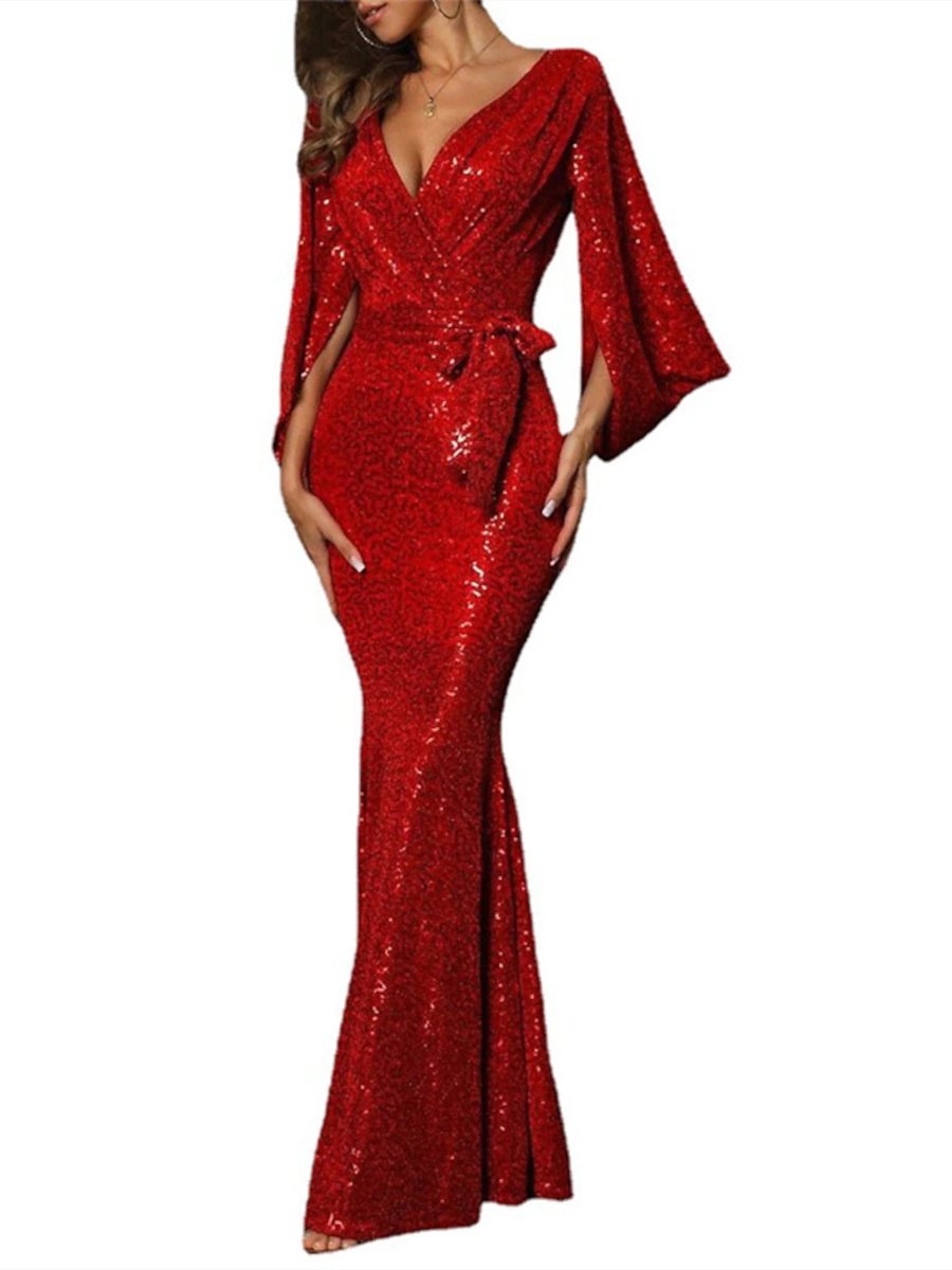 Mermaid Floor Length Long Sleeve V Neck Prom Dress Sequined with Bow(s) Sequin BabaMila