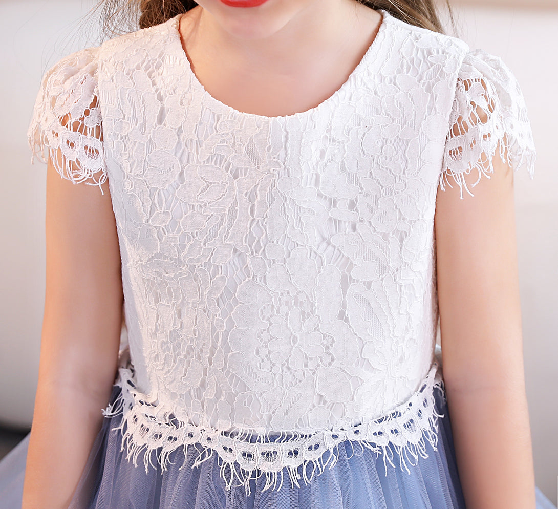 Girls Birthday Dresses Scoop Neck Cap Sleeve Lace/Tulle/Satin Tea-Length Flower Girl Dresses/Party Dresses With Lace Girls Gidiondress