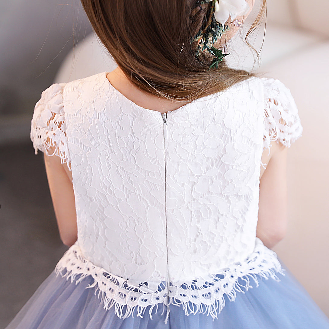 Girls Birthday Dresses Scoop Neck Cap Sleeve Lace/Tulle/Satin Tea-Length Flower Girl Dresses/Party Dresses With Lace Girls Gidiondress