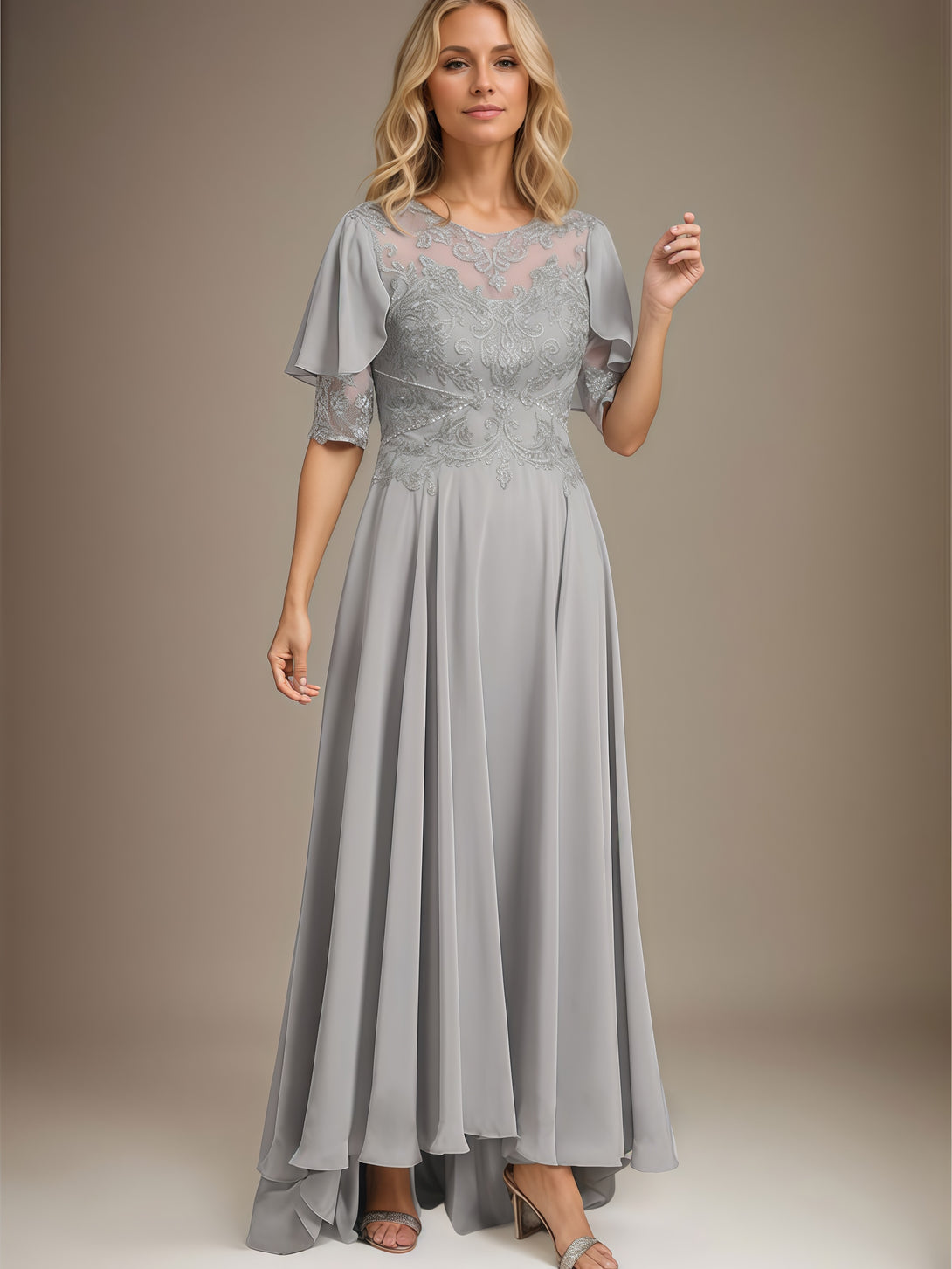A-Line Scoop Neck Half Sleeve Cape Ankel-Length Lace/Chiffon Mother of the Bride Dress With Appliques/Sweep Train BabaMila