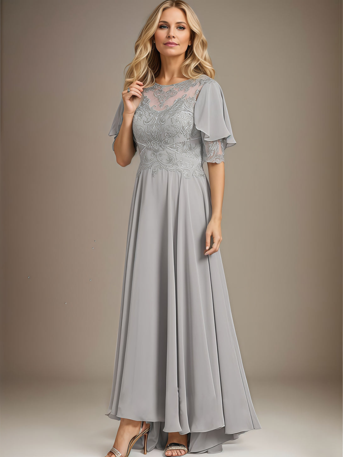 A-Line Scoop Neck Half Sleeve Cape Ankel-Length Lace/Chiffon Mother of the Bride Dress With Appliques/Sweep Train BabaMila