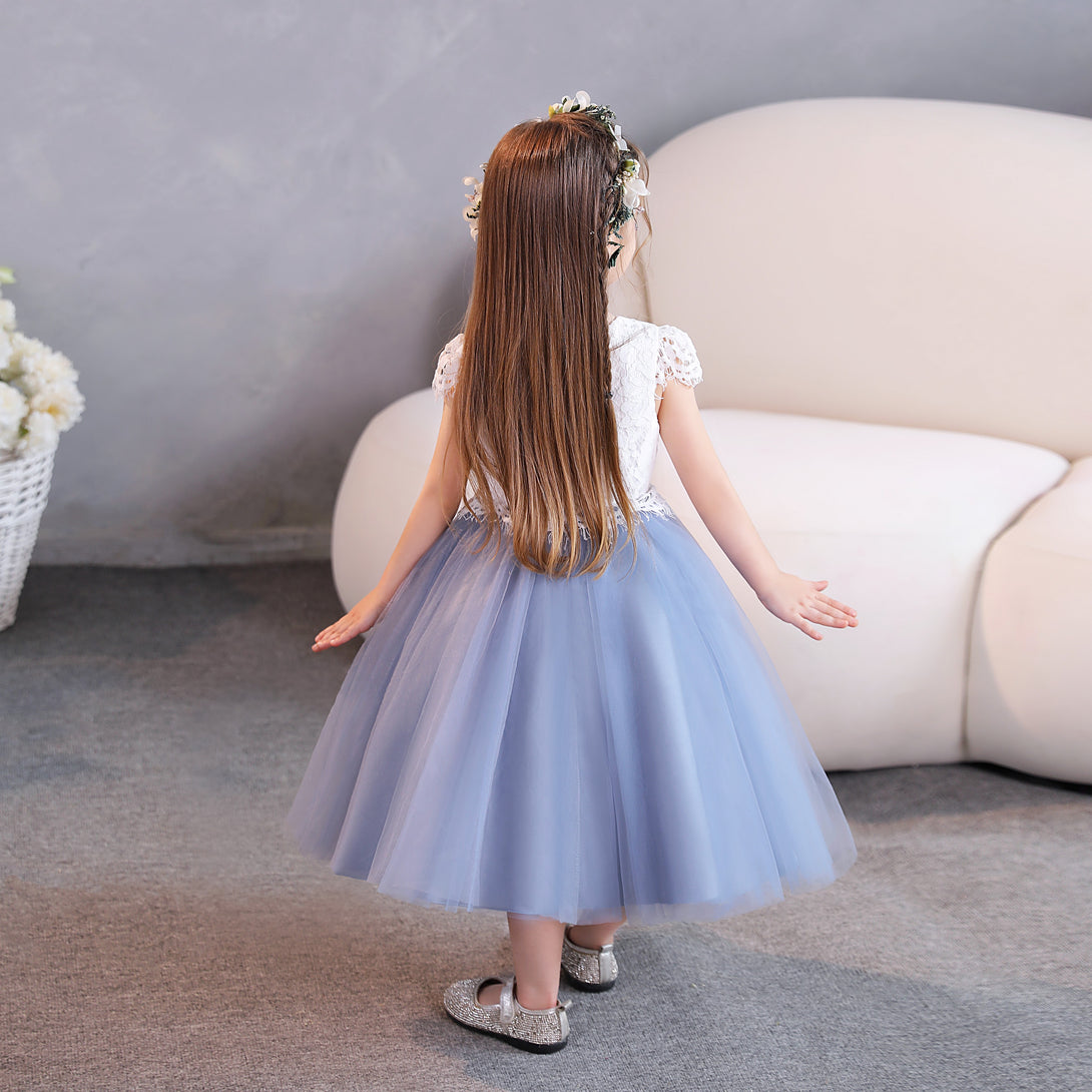 Girls Birthday Dresses Scoop Neck Cap Sleeve Lace/Tulle/Satin Tea-Length Flower Girl Dresses/Party Dresses With Lace Girls Gidiondress