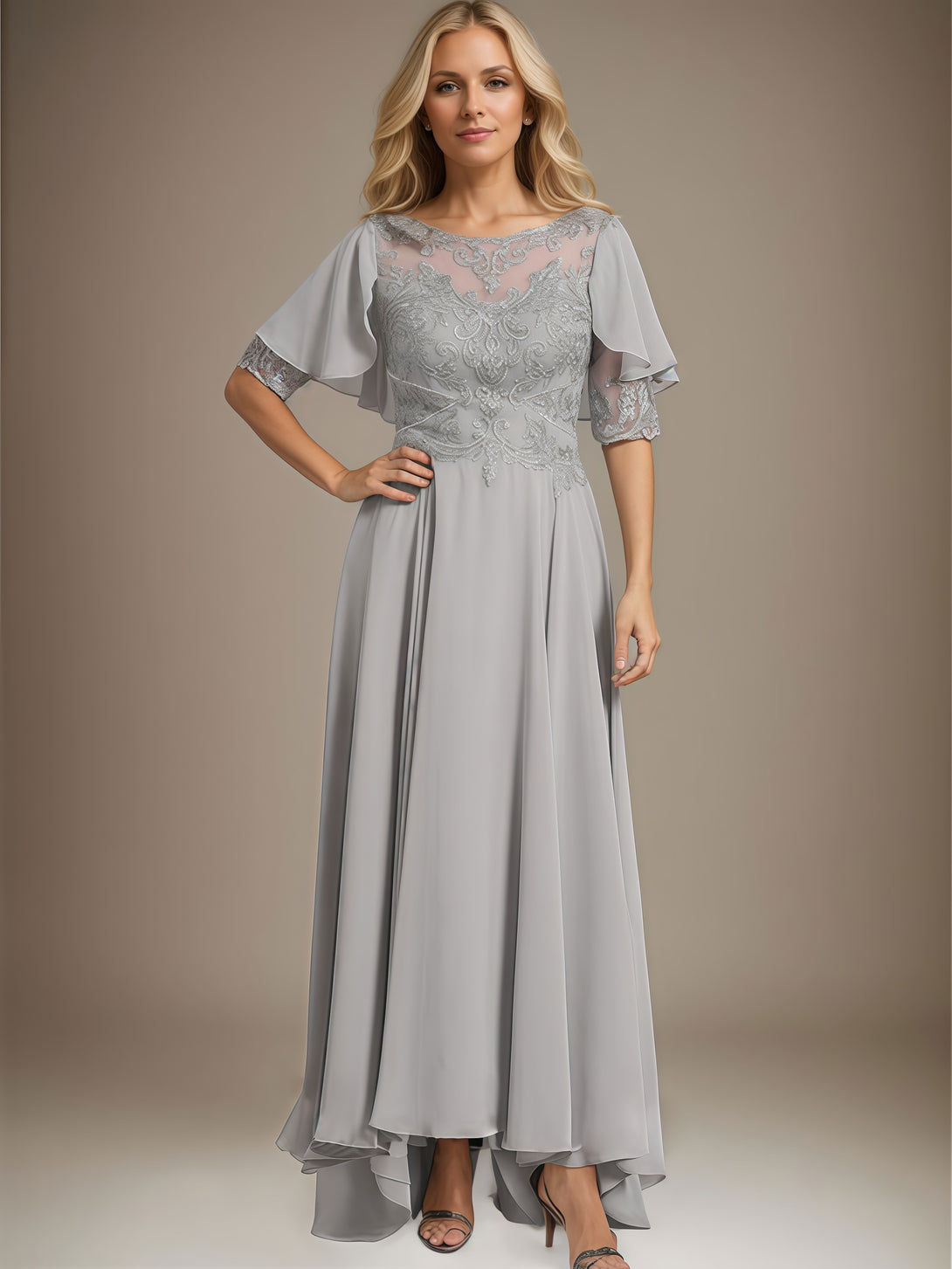 A-Line Scoop Neck Half Sleeve Cape Ankel-Length Lace/Chiffon Mother of the Bride Dress With Appliques/Sweep Train BabaMila