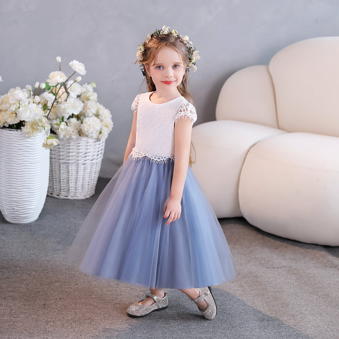 Girls Birthday Dresses Scoop Neck Cap Sleeve Lace/Tulle/Satin Tea-Length Flower Girl Dresses/Party Dresses With Lace Girls Gidiondress