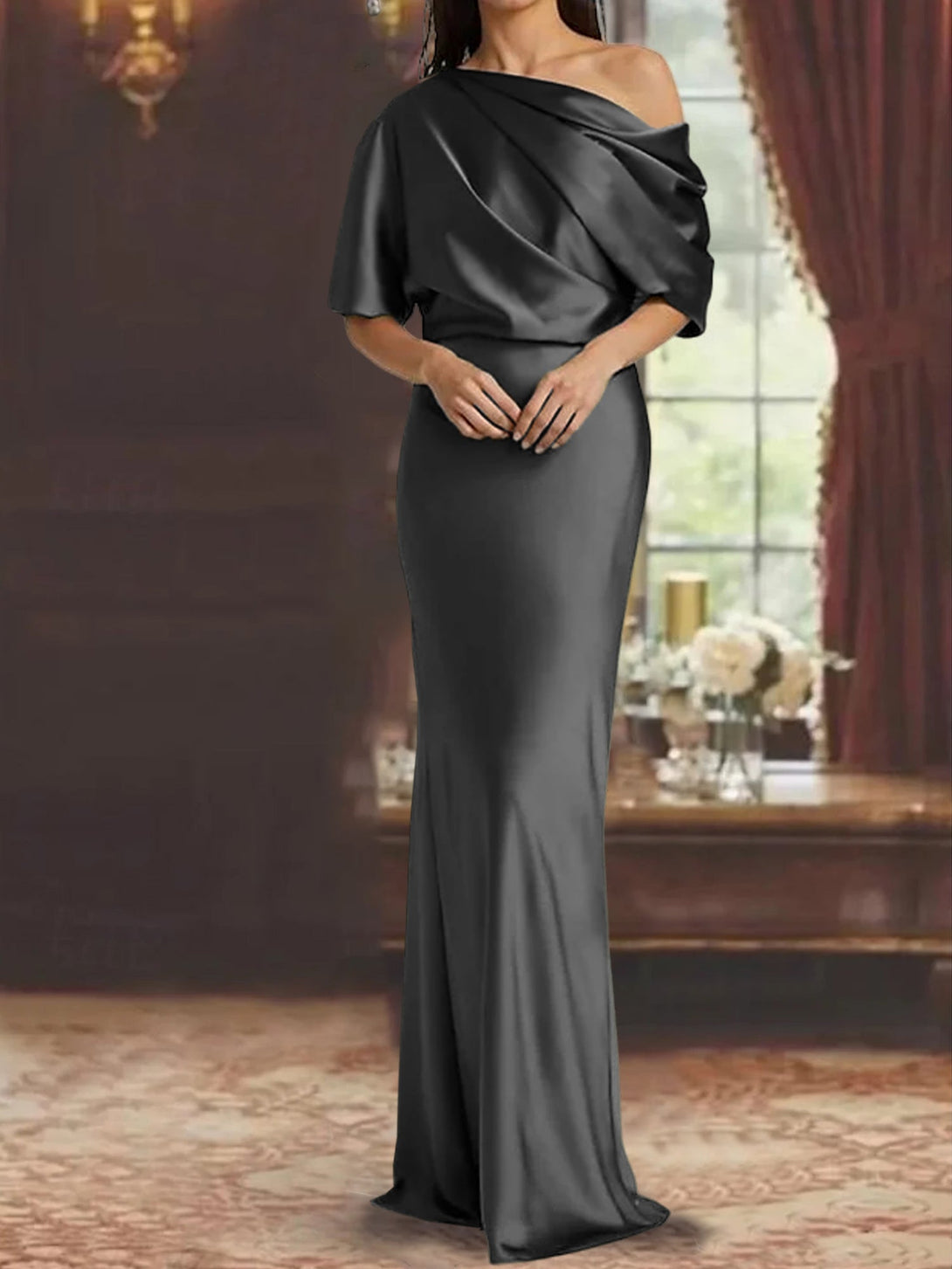 Sheath/Column Off-The-Shoulder Short Sleeves Tea-Length Unique Mother Of The Bride Dresses With Feathers BabaMila