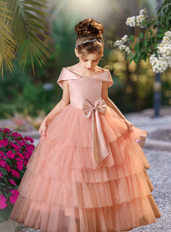 A-Line Scoop Neck Off-the-shoulder Floor-Length Tulle/Satin Girl's Cake Dresses With Bow Girls Gidiondress