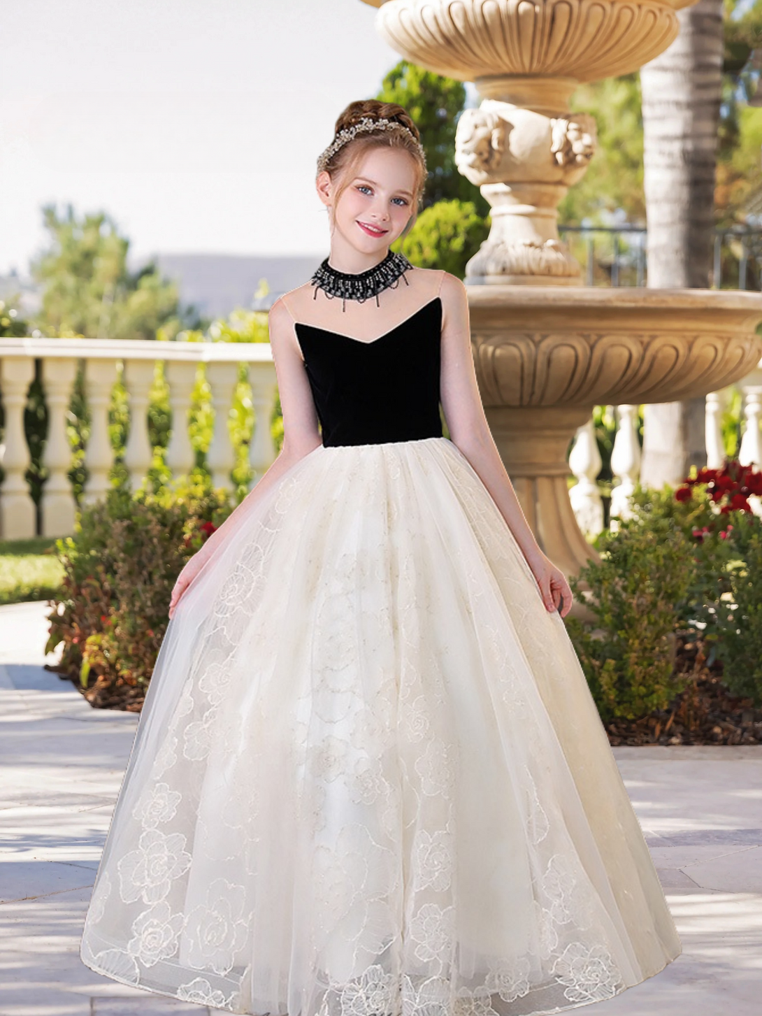 High Neck Removable Puff Sleeve Floor-Length Elegant Satin/Lace/Tulle Girls Birthday Dresses With Beads Girls Gidiondress