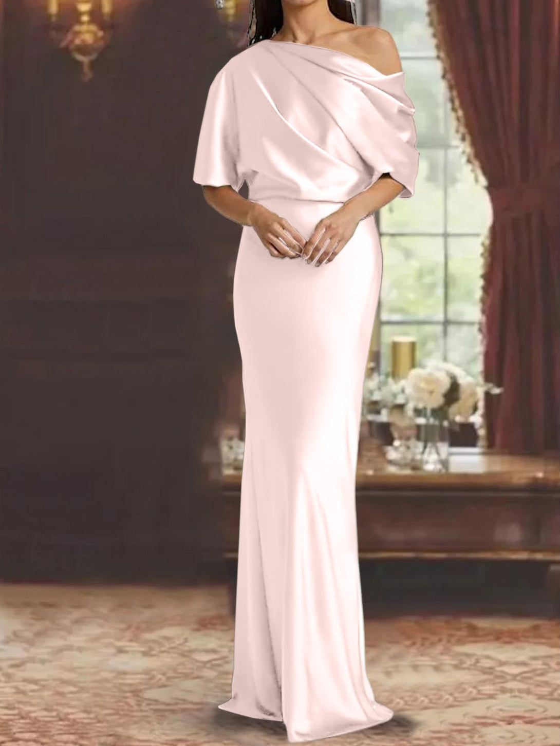 Sheath/Column Off-The-Shoulder Short Sleeves Tea-Length Unique Mother Of The Bride Dresses With Feathers BabaMila