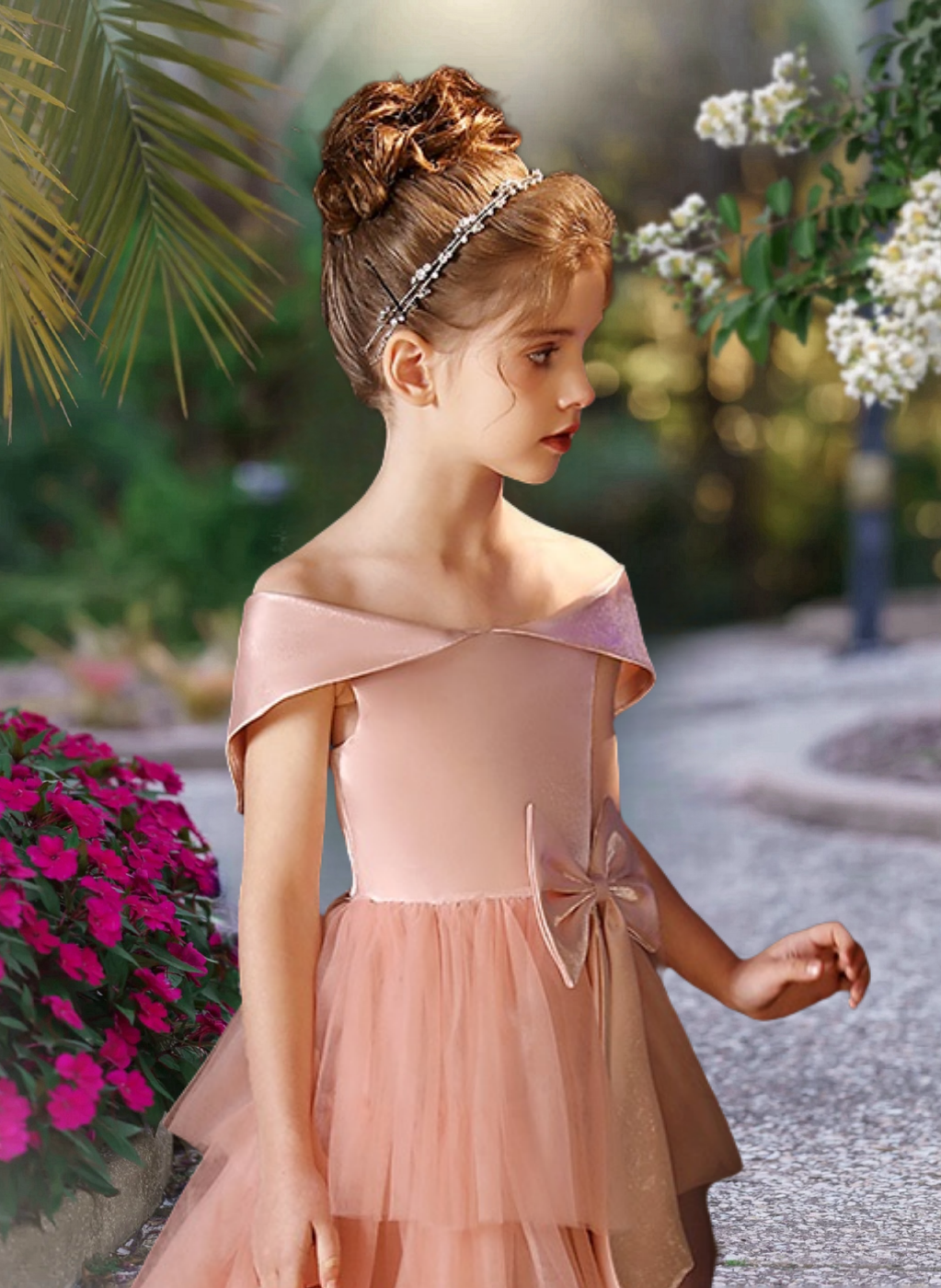 A-Line Scoop Neck Off-the-shoulder Floor-Length Tulle/Satin Girl's Cake Dresses With Bow Girls Gidiondress