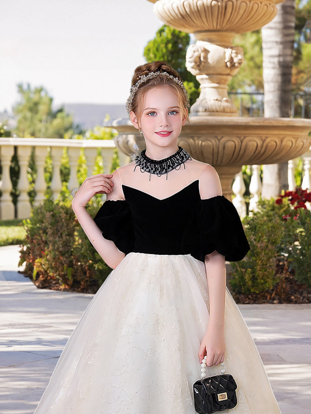 High Neck Removable Puff Sleeve Floor-Length Elegant Satin/Lace/Tulle Girls Birthday Dresses With Beads Girls Gidiondress
