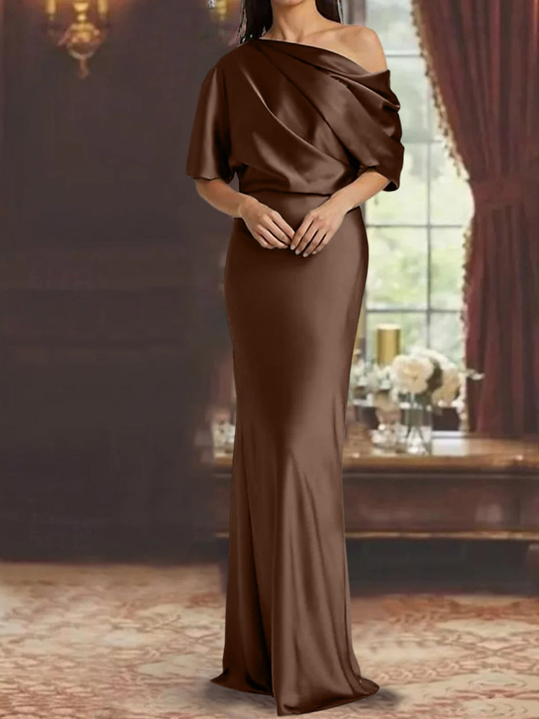 Sheath/Column Off-The-Shoulder Short Sleeves Tea-Length Unique Mother Of The Bride Dresses With Feathers BabaMila
