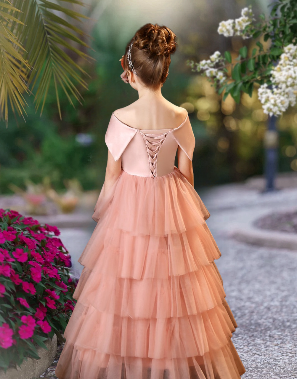 A-Line Scoop Neck Off-the-shoulder Floor-Length Tulle/Satin Girl's Cake Dresses With Bow Girls Gidiondress