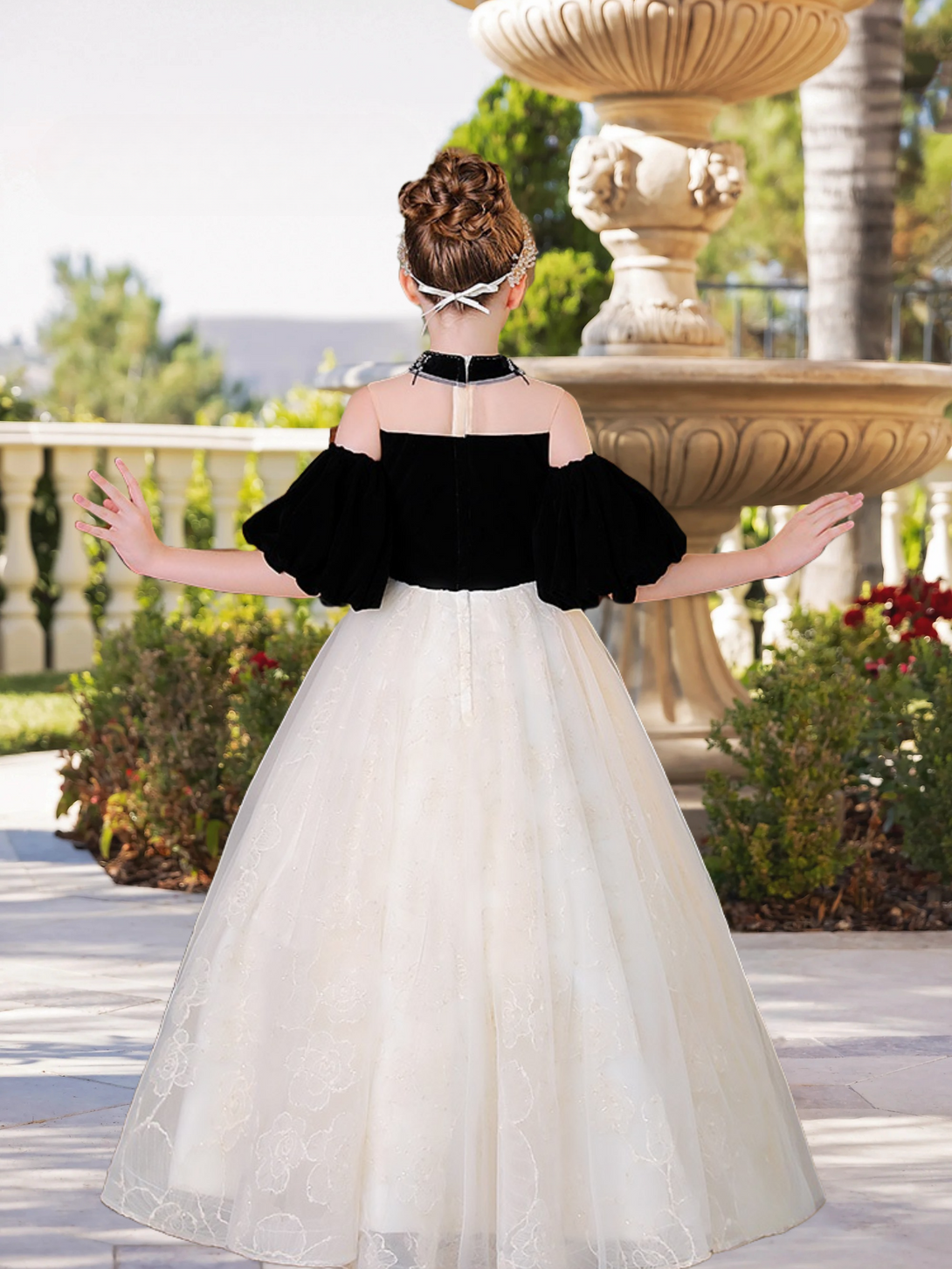 High Neck Removable Puff Sleeve Floor-Length Elegant Satin/Lace/Tulle Girls Birthday Dresses With Beads Girls Gidiondress