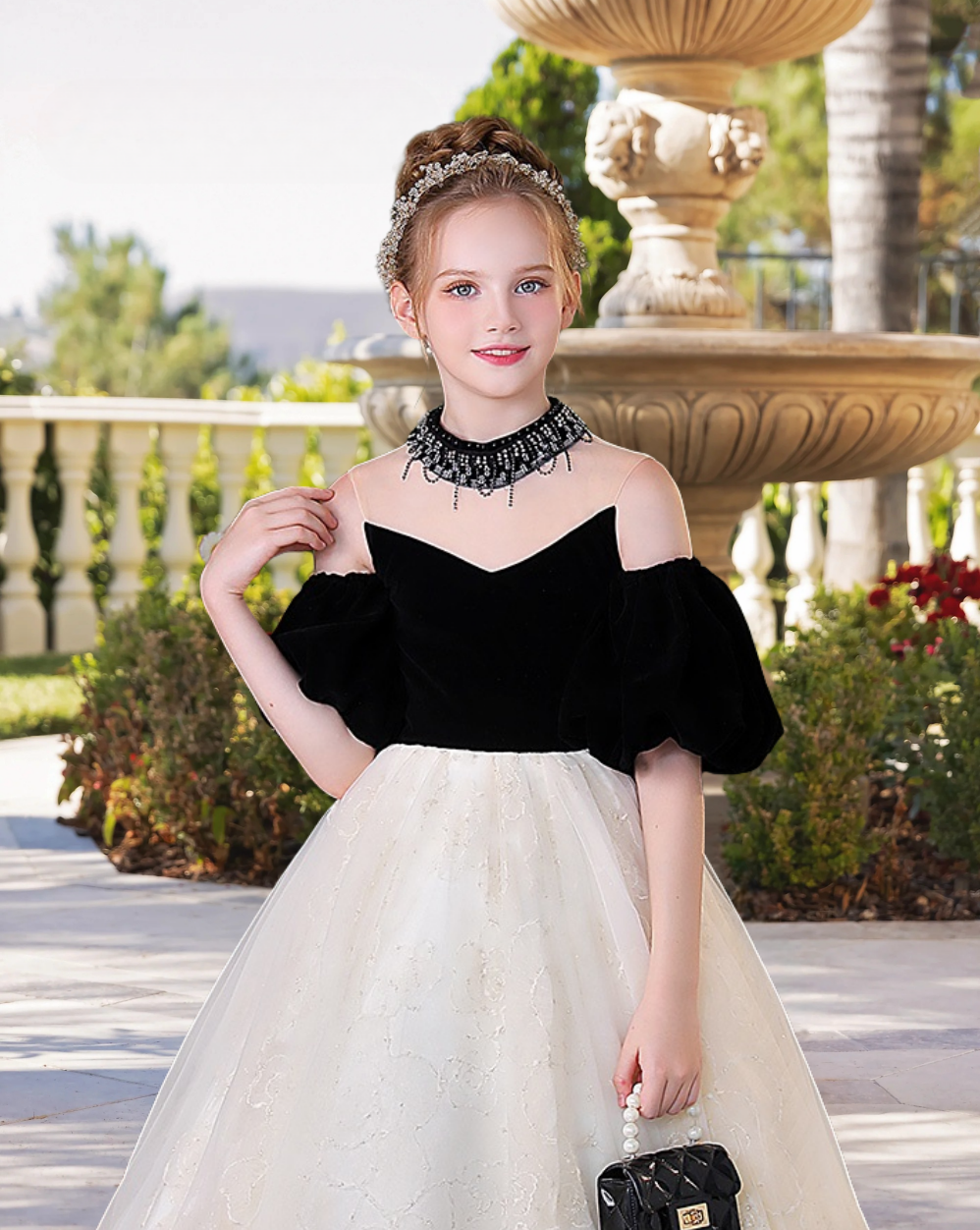 High Neck Removable Puff Sleeve Floor-Length Elegant Satin/Lace/Tulle Girls Birthday Dresses With Beads Girls Gidiondress