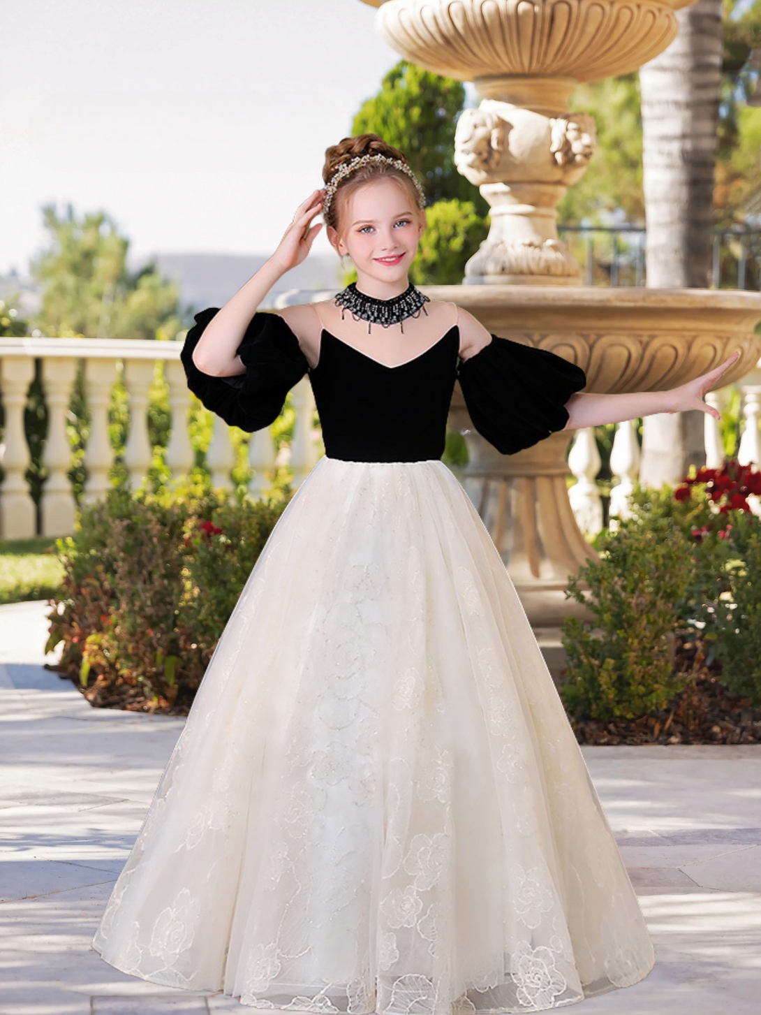 High Neck Removable Puff Sleeve Floor-Length Elegant Satin/Lace/Tulle Girls Birthday Dresses With Beads Girls Gidiondress