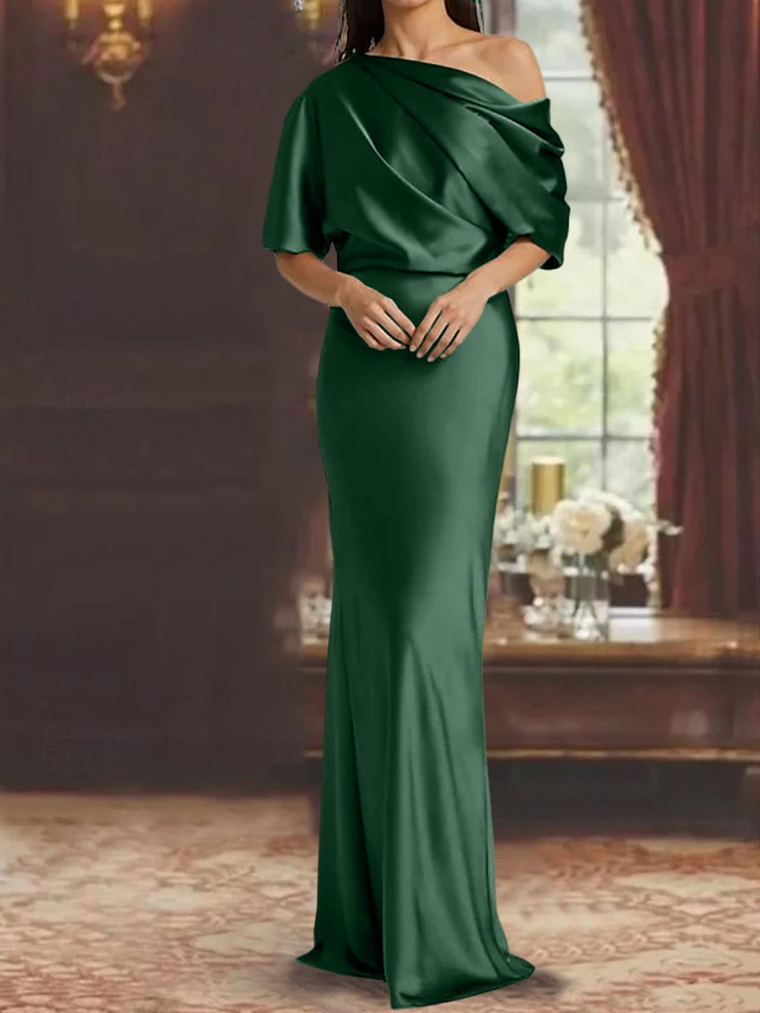 Sheath/Column Off-The-Shoulder Short Sleeves Tea-Length Unique Mother Of The Bride Dresses With Feathers BabaMila