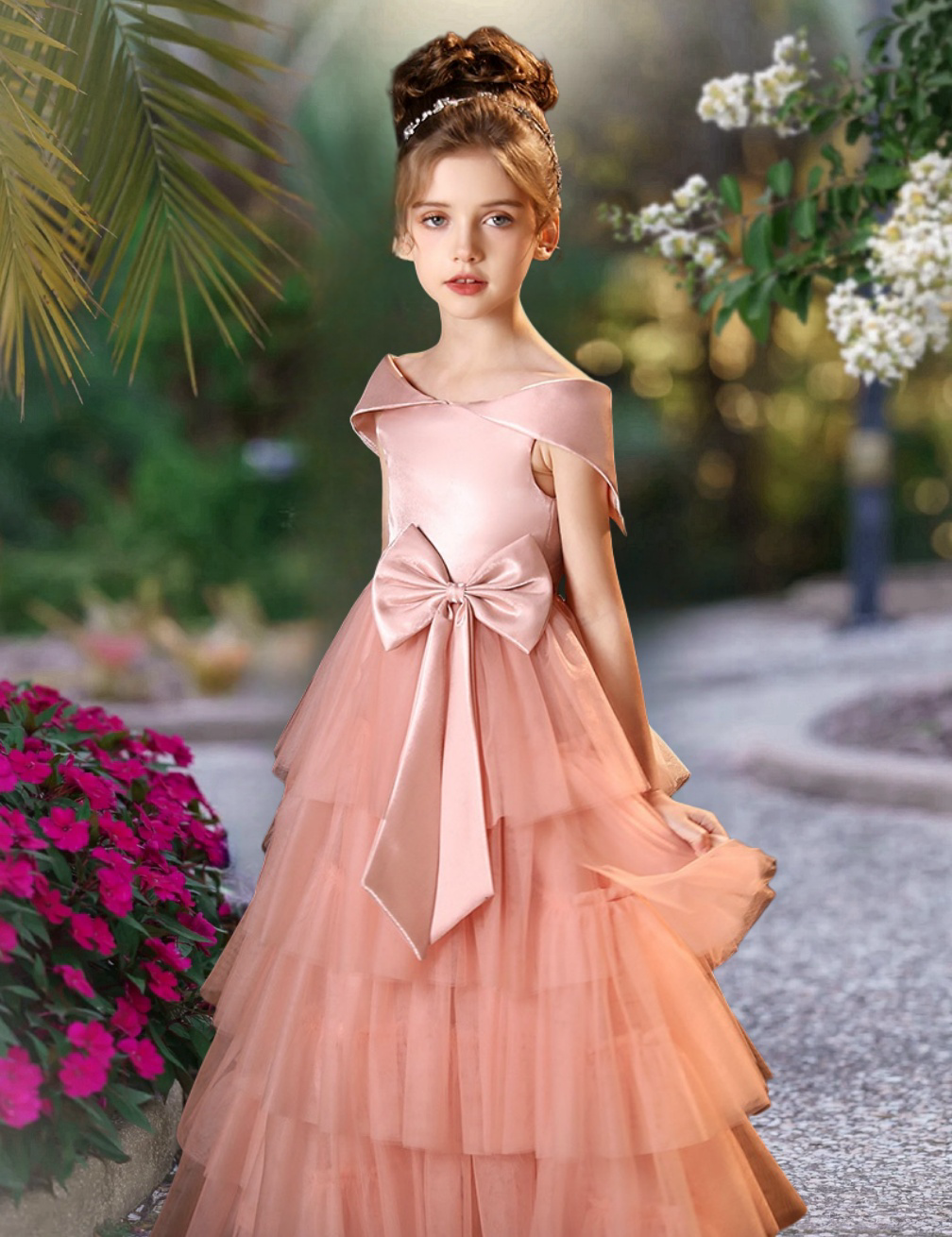 A-Line Scoop Neck Off-the-shoulder Floor-Length Tulle/Satin Girl's Cake Dresses With Bow Girls Gidiondress as picture 12M