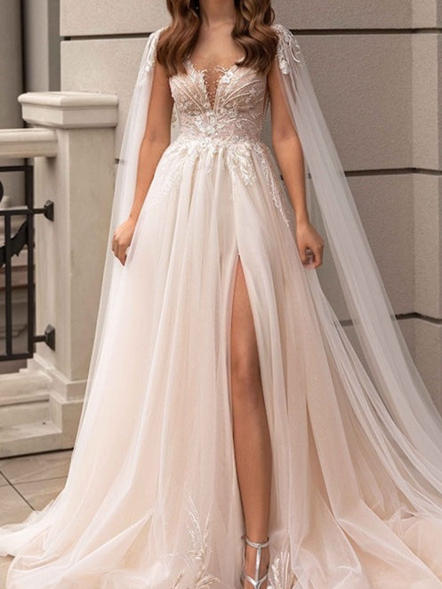 A-Line/Princess Champagne V-Neck Floor-Length Wedding Dress With Split Side/Appliques BabaMila