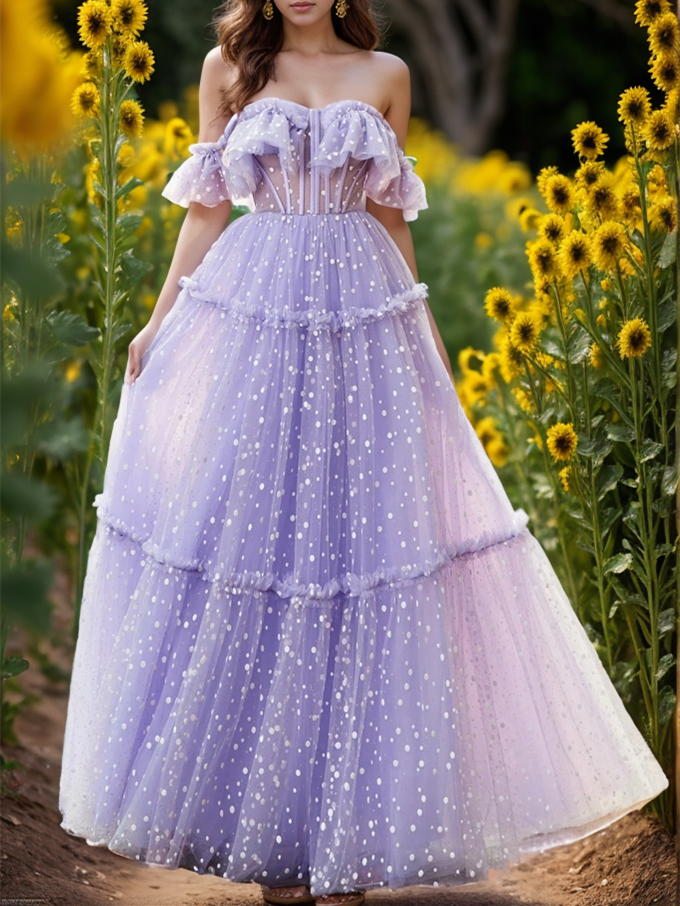 A-Line Printed Tulle Off-the-shoulder Sweetheart Prom Dress with Polka Dots/Ruffled Hem BabaMila