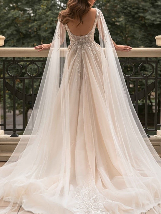 A-Line/Princess Champagne V-Neck Floor-Length Wedding Dress With Split Side/Appliques BabaMila