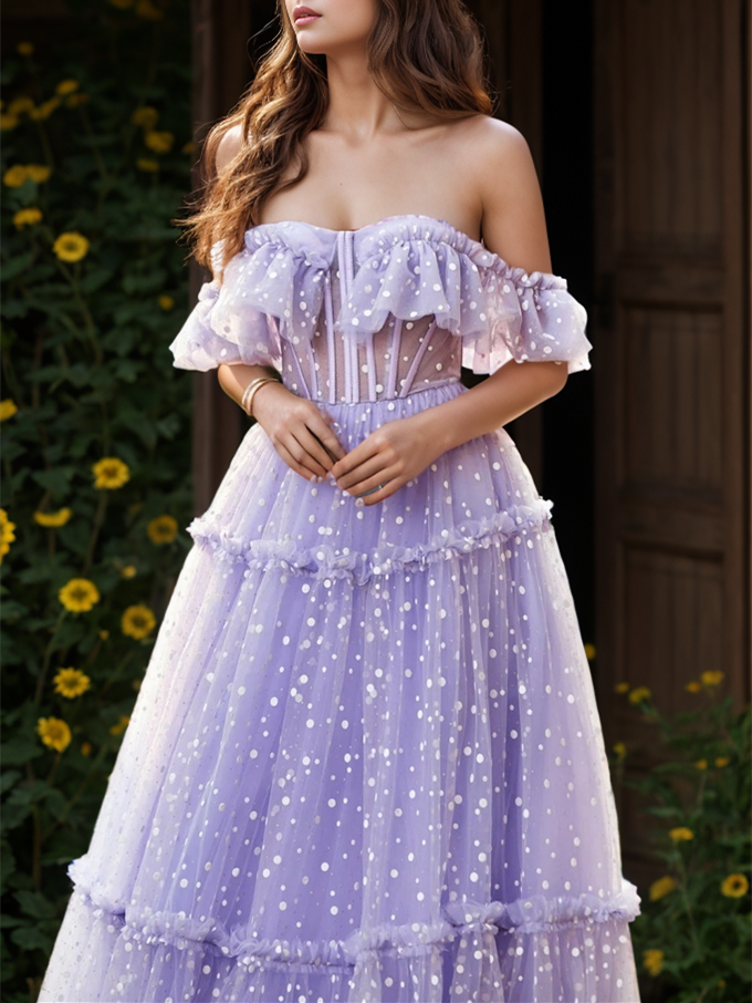 A-Line Printed Tulle Off-the-shoulder Sweetheart Prom Dress with Polka Dots/Ruffled Hem BabaMila