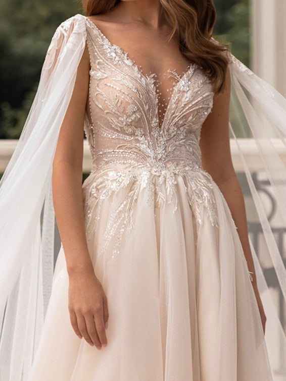 A-Line/Princess Champagne V-Neck Floor-Length Wedding Dress With Split Side/Appliques BabaMila