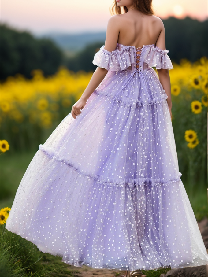 A-Line Printed Tulle Off-the-shoulder Sweetheart Prom Dress with Polka Dots/Ruffled Hem BabaMila