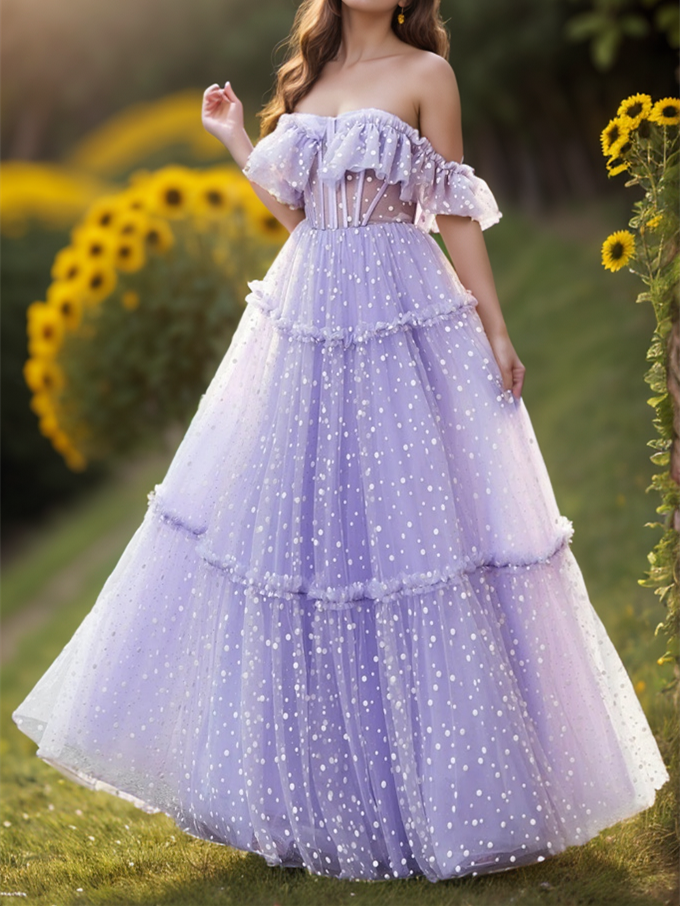 A-Line Printed Tulle Off-the-shoulder Sweetheart Prom Dress with Polka Dots/Ruffled Hem BabaMila
