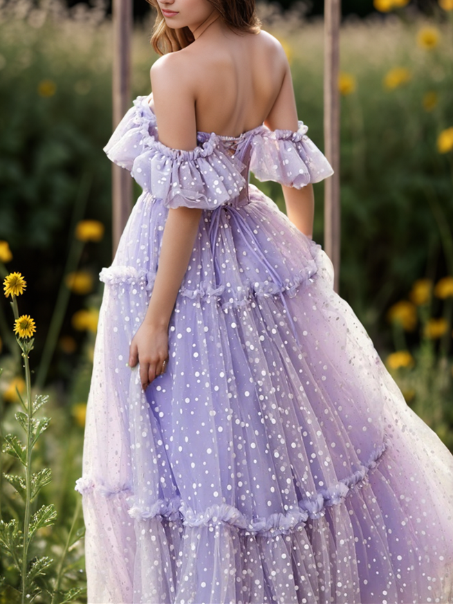 A-Line Printed Tulle Off-the-shoulder Sweetheart Prom Dress with Polka Dots/Ruffled Hem BabaMila