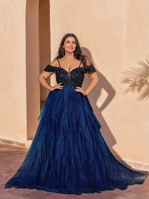 A-Line/Princess Off-the-Shoulder Floor-length Sequined Plus Size Prom Dresses