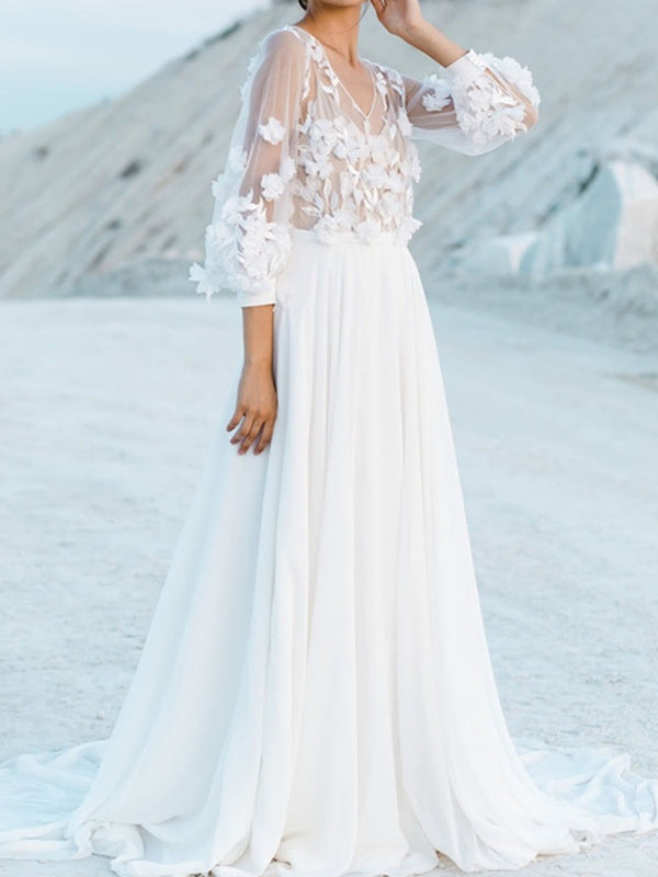 A-Line/Princess V-Neck Floor-Length Wedding Dress With Appliques BabaMila